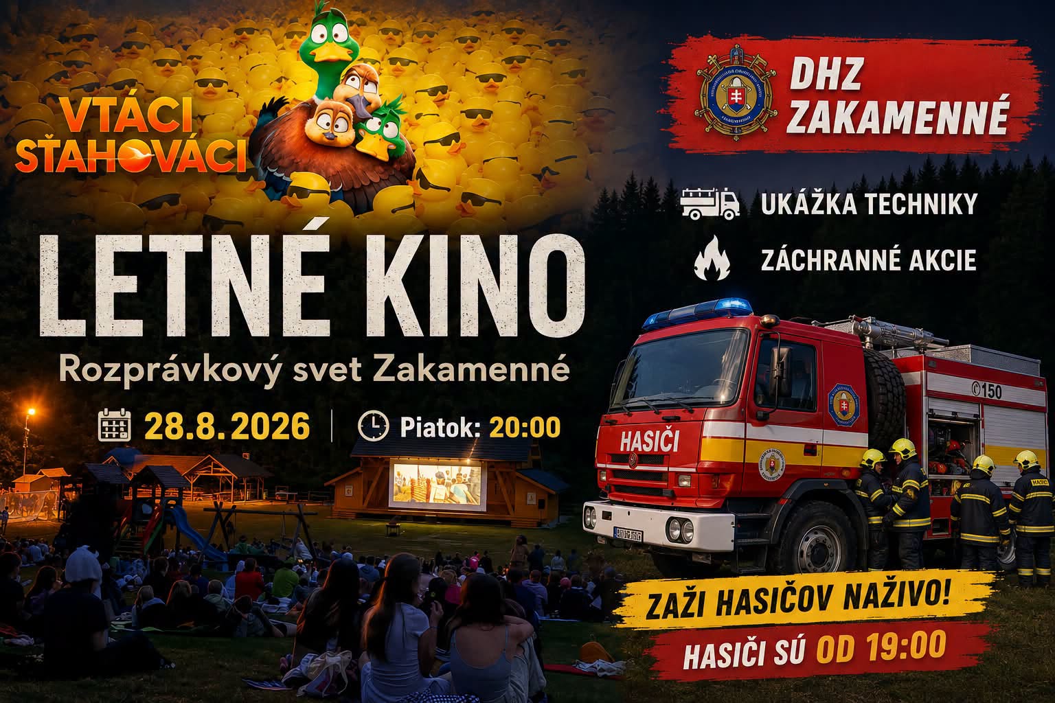 Letné kino: Vtáci sťahováci a ukážka techniky DHZ Zakamenné