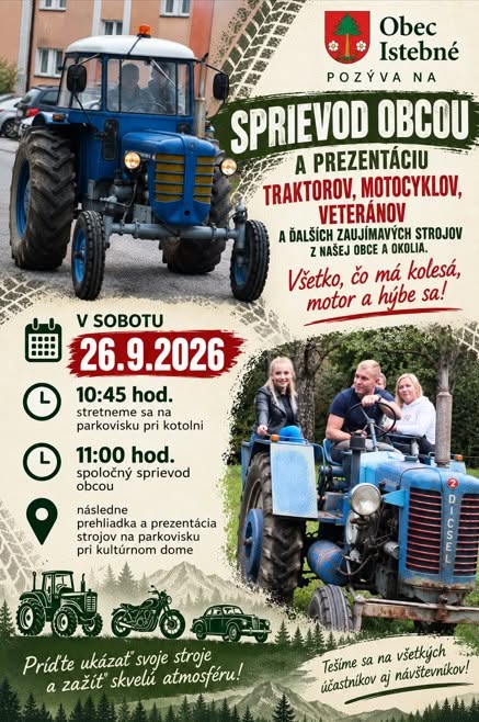 Sprievod obcou a prezentácia traktorov, motocyklov a veteránov