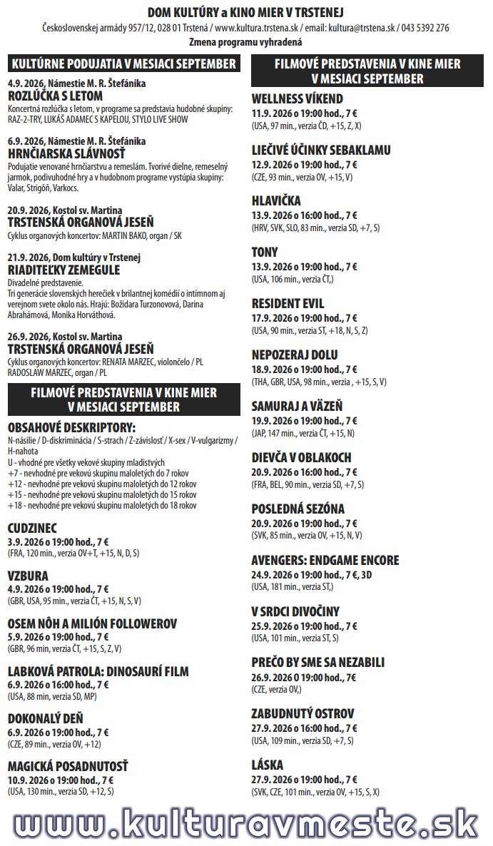 Kultura v Trstenej – aktuálny program podujatí a kultúrnych akcií 🎭
