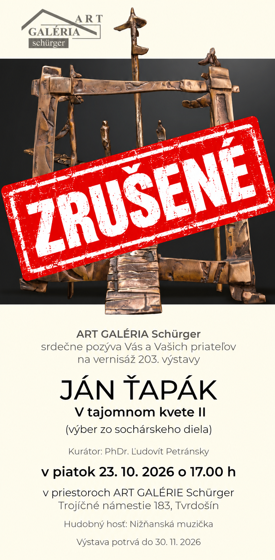 ZRUŠENÉ.  Ján Ťapák: V tajomnom kvete II ZRUŠENÉ.