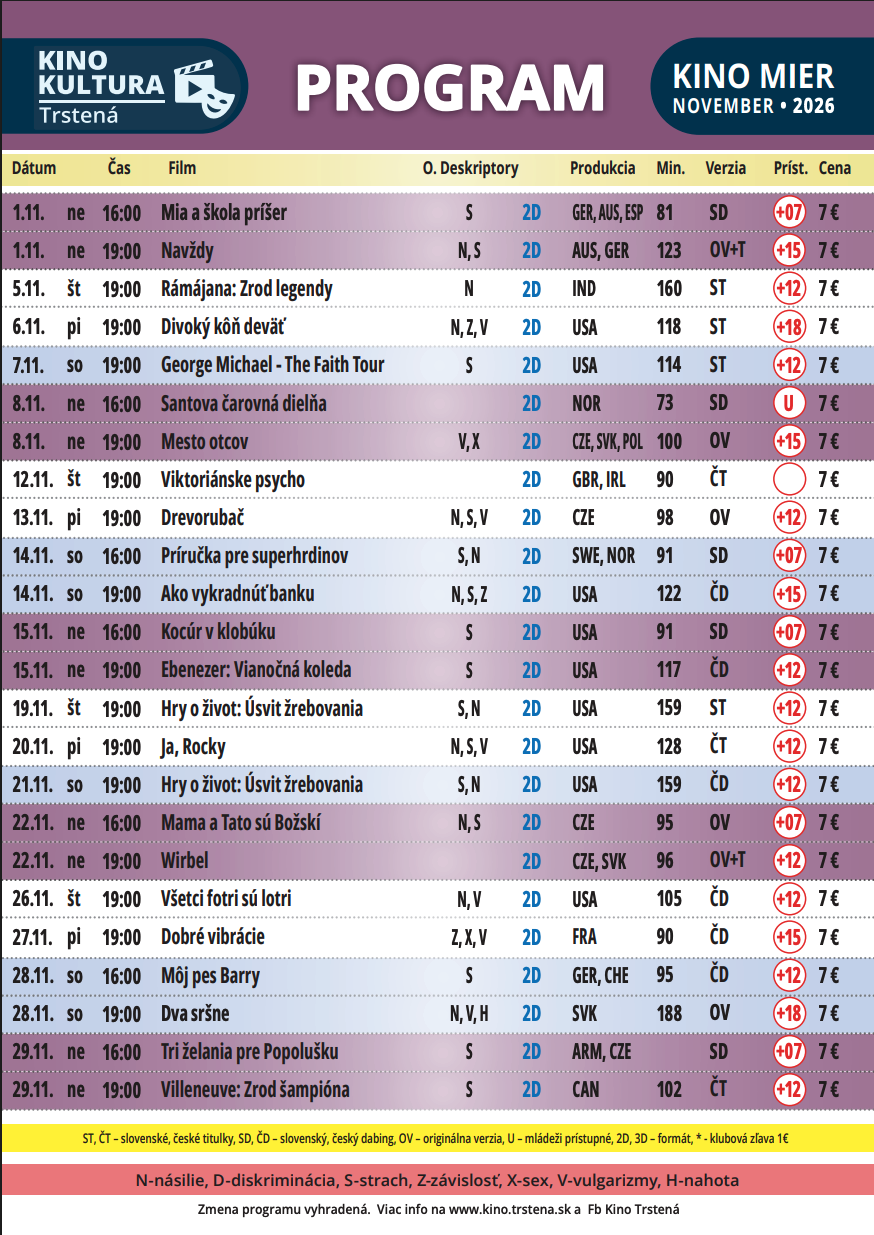 Rozpis programu Kina Mier Trstená na mesiac november 2026
