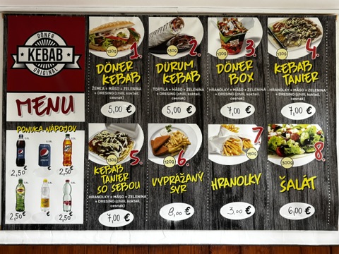 Döner Kebab Tvrdošín – jedálny lístok a ceny